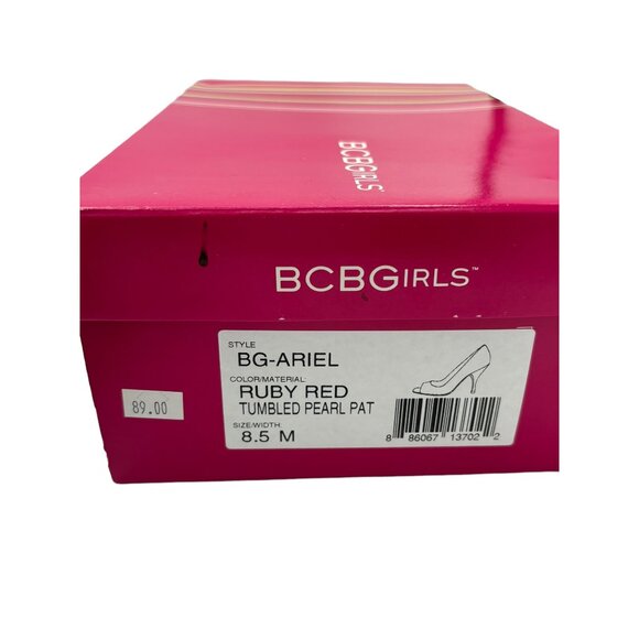 BCBGirls Ariel Ruby Red Tumbled Pearl Patent Leather Peep toe Stiletto Heels sz - Picture 5 of 16